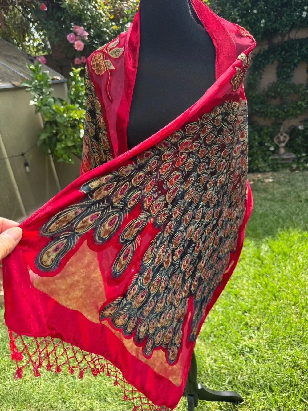 Red Velvet Embroidered Peacock Motif Women's Shawl Wrap